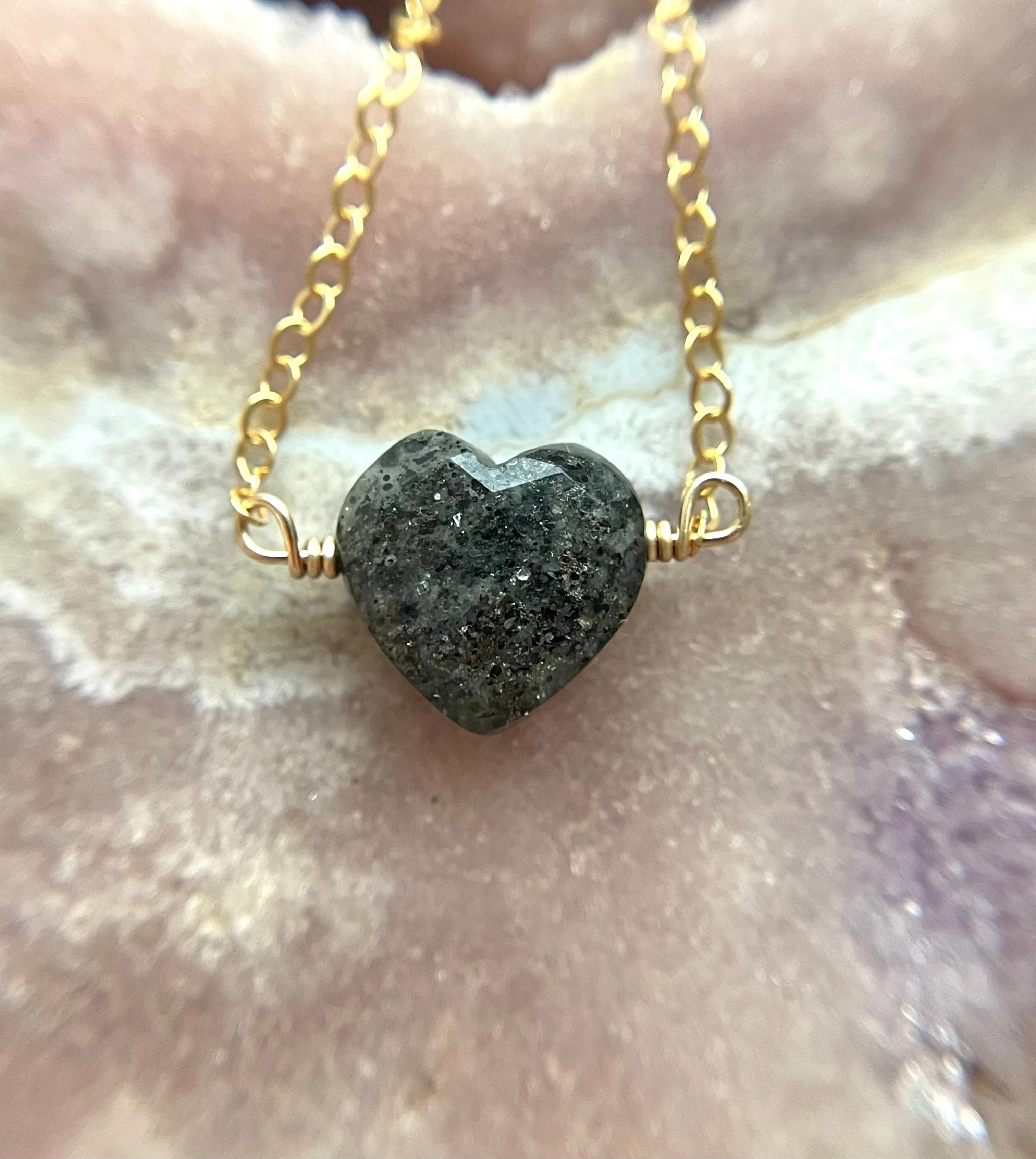 Black Sunstone Heart Crystal Necklace Sterling Silver or 14kt Gold Filled