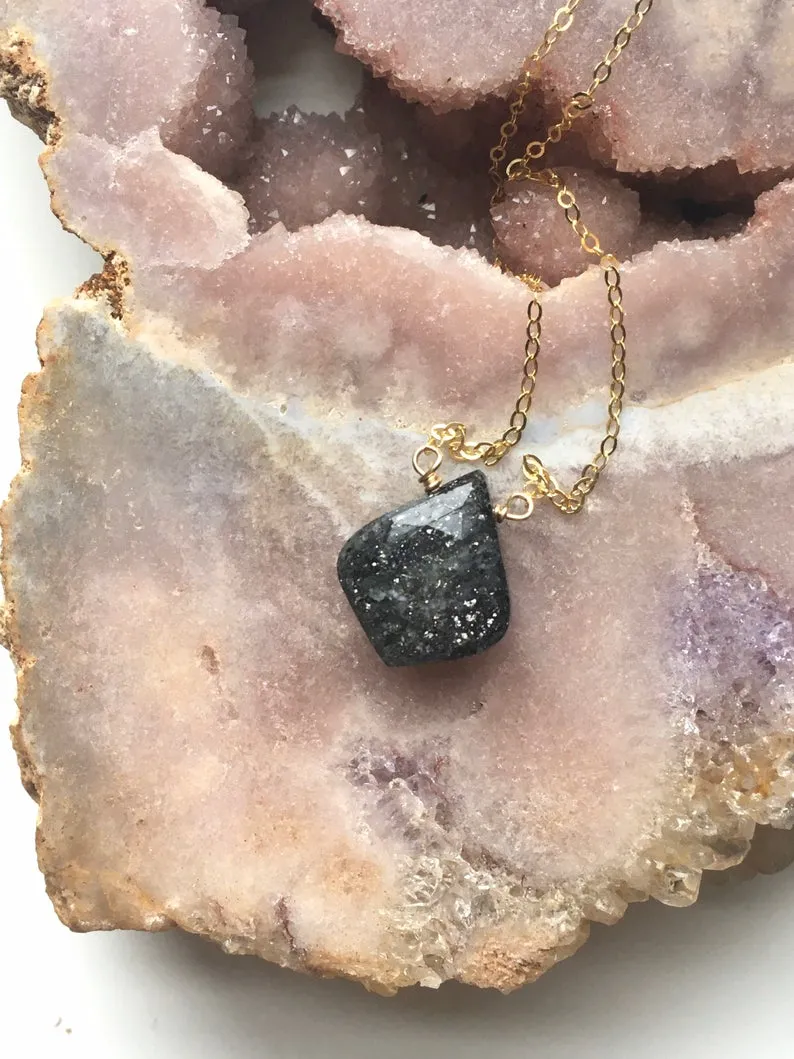 Black Sunstone Pendant Crystal Necklace Sterling Silver or 14kt Gold Filled