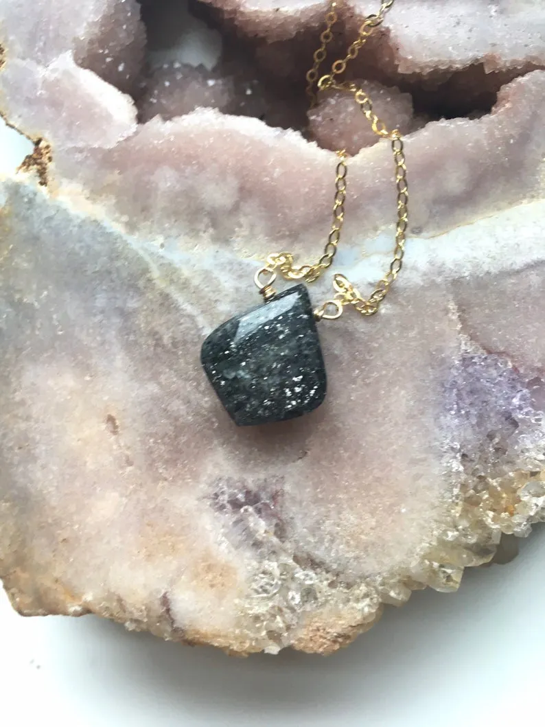 Black Sunstone Pendant Crystal Necklace Sterling Silver or 14kt Gold Filled