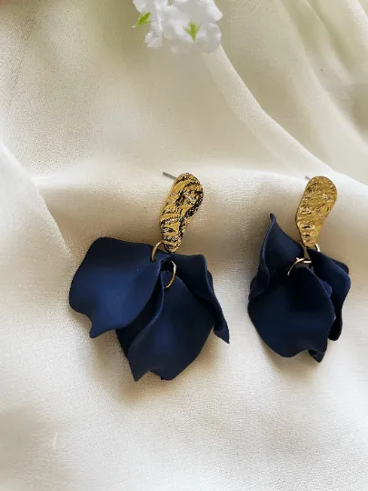 Blue - Navy blue flowers earrings | frosted matte petals earrings | gold & blue floral earrings | bridal party wedding earrings