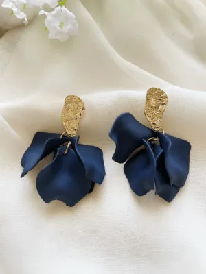 Blue - Navy blue flowers earrings | frosted matte petals earrings | gold & blue floral earrings | bridal party wedding earrings