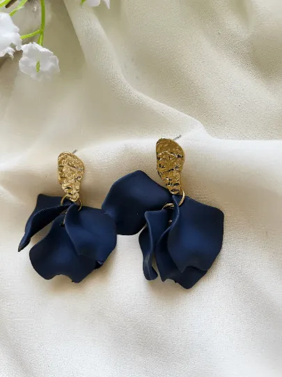 Blue - Navy blue flowers earrings | frosted matte petals earrings | gold & blue floral earrings | bridal party wedding earrings