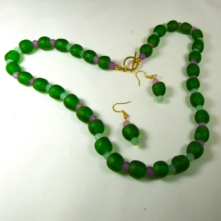 Bright Green Beaded Necklace & Earrings