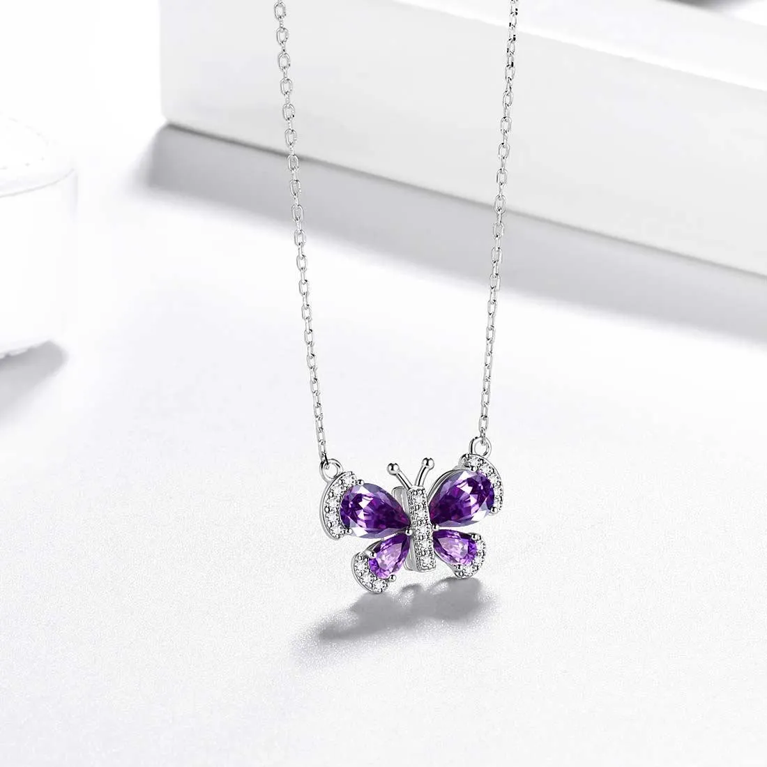 Butterfly Necklace Birthstone February Amethyst Pendant Women Girls Jewelry Birthday Gift