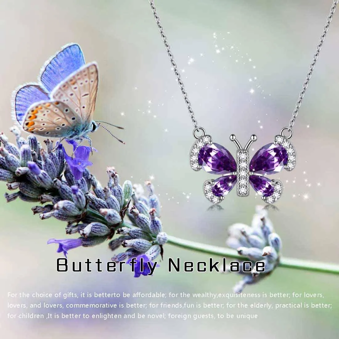 Butterfly Necklace Birthstone February Amethyst Pendant Women Girls Jewelry Birthday Gift