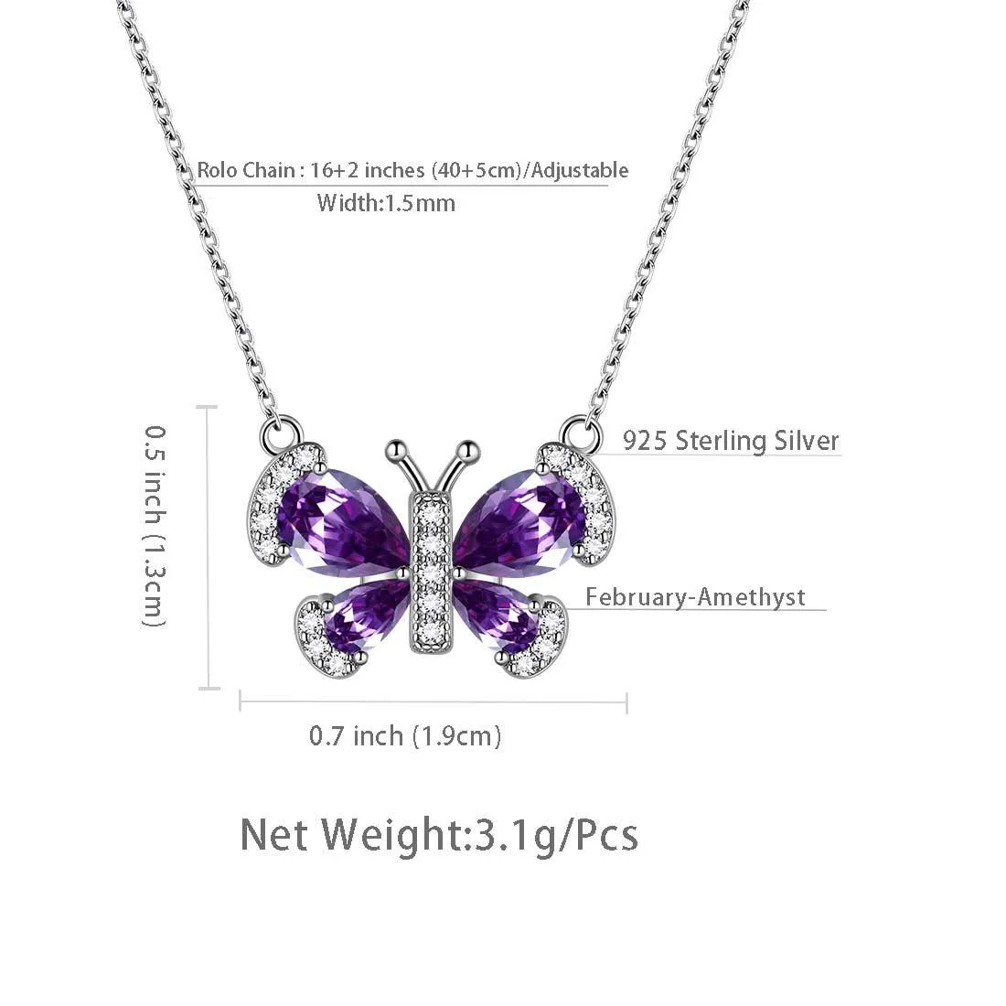 Butterfly Necklace Birthstone February Amethyst Pendant Women Girls Jewelry Birthday Gift