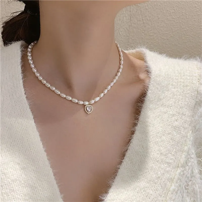 Charm Jewelry Luxury Natural Pearl Zircon Heart Choker Necklace For Women New Design Jewelry Gifts MDS0304