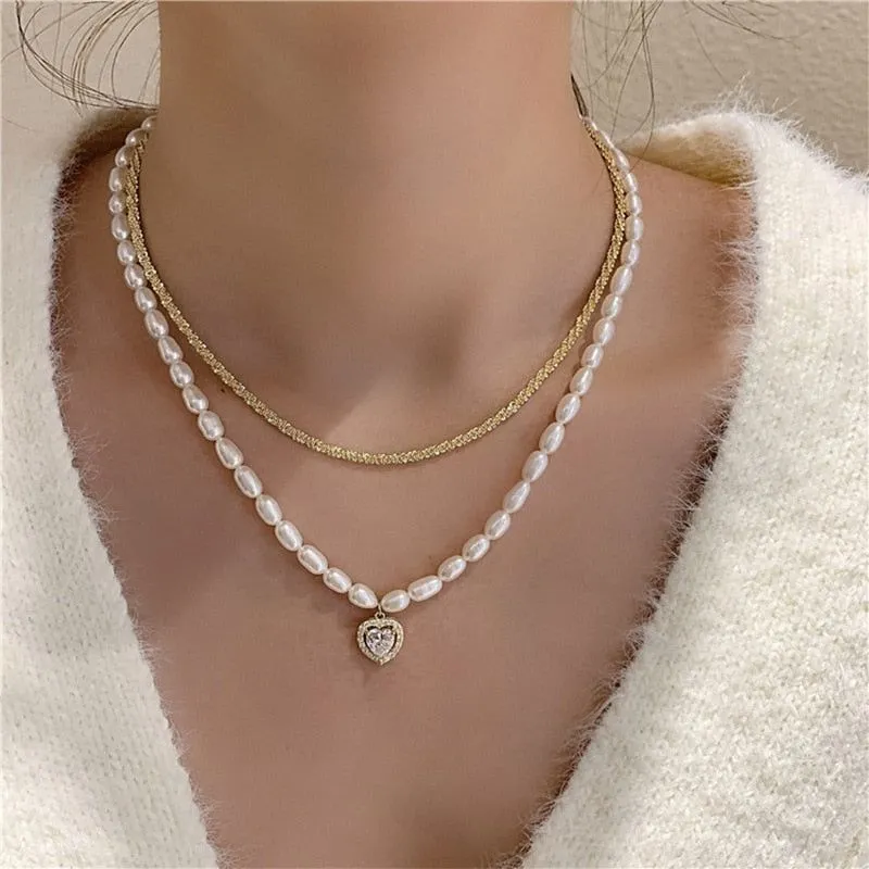 Charm Jewelry Luxury Natural Pearl Zircon Heart Choker Necklace For Women New Design Jewelry Gifts MDS0304