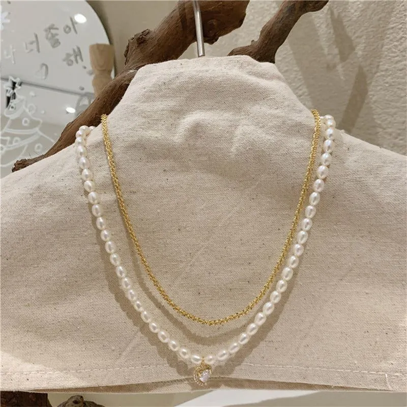 Charm Jewelry Luxury Natural Pearl Zircon Heart Choker Necklace For Women New Design Jewelry Gifts MDS0304