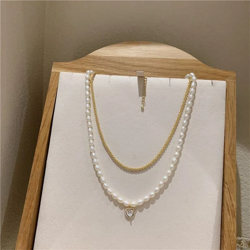 Charm Jewelry Luxury Natural Pearl Zircon Heart Choker Necklace For Women New Design Jewelry Gifts MDS0304