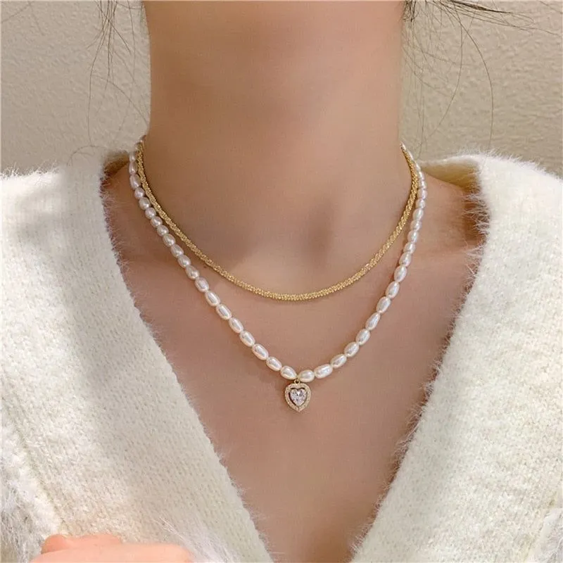 Charm Jewelry Luxury Natural Pearl Zircon Heart Choker Necklace For Women New Design Jewelry Gifts MDS0304