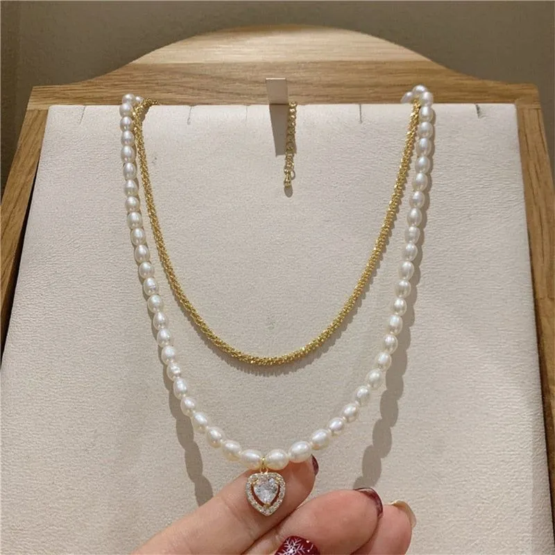 Charm Jewelry Luxury Natural Pearl Zircon Heart Choker Necklace For Women New Design Jewelry Gifts MDS0304