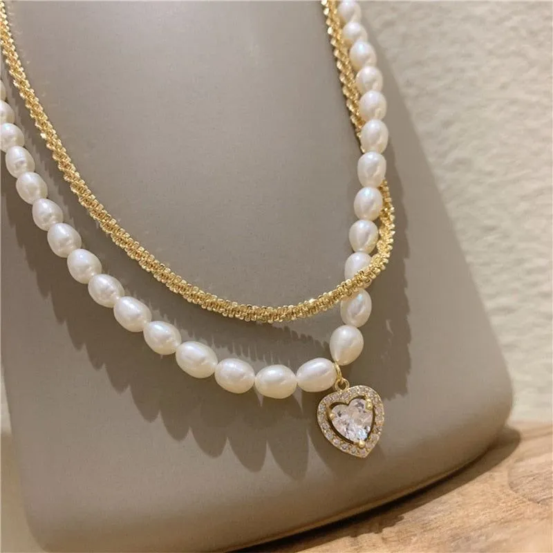 Charm Jewelry Luxury Natural Pearl Zircon Heart Choker Necklace For Women New Design Jewelry Gifts MDS0304