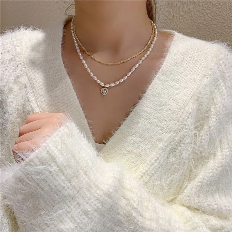 Charm Jewelry Luxury Natural Pearl Zircon Heart Choker Necklace For Women New Design Jewelry Gifts MDS0304