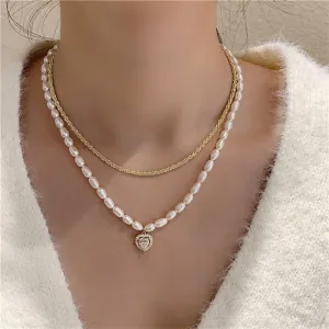 Charm Jewelry Luxury Natural Pearl Zircon Heart Choker Necklace For Women New Design Jewelry Gifts MDS0304