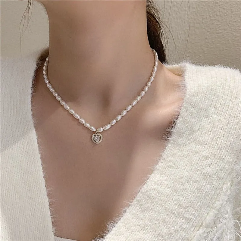 Charm Jewelry Luxury Natural Pearl Zircon Heart Choker Necklace For Women New Design Jewelry Gifts MDS0304