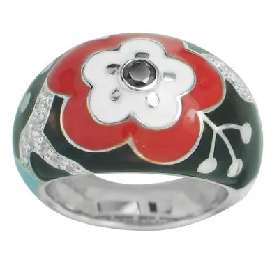 Cherry Blossom - Red and Black Enamel with CZ Ring