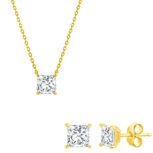 Classic Women's Necklace and Earrings Set - Gold Plated Princess Cut CZ | SET-611