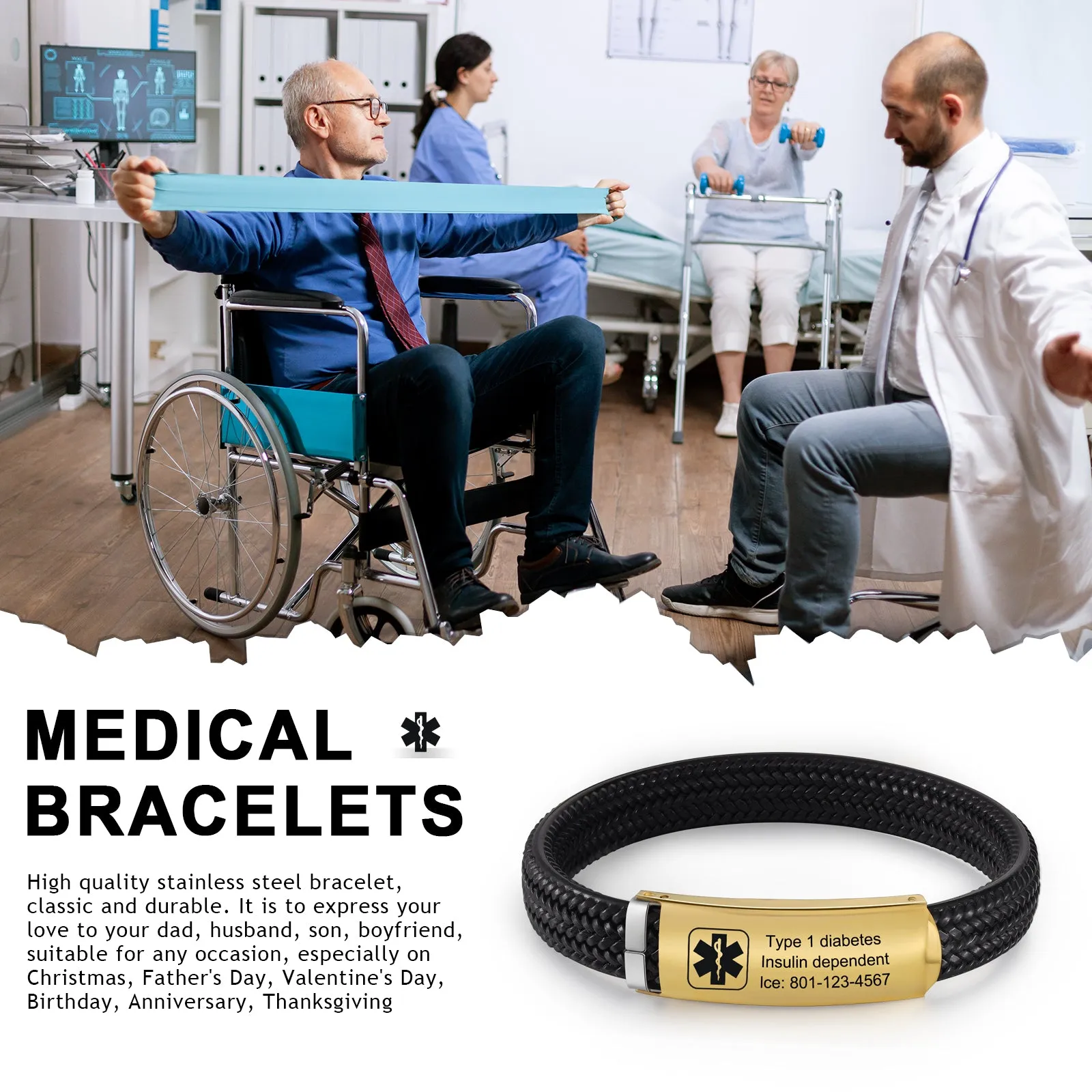 Custom Text Men Medical Bracelet