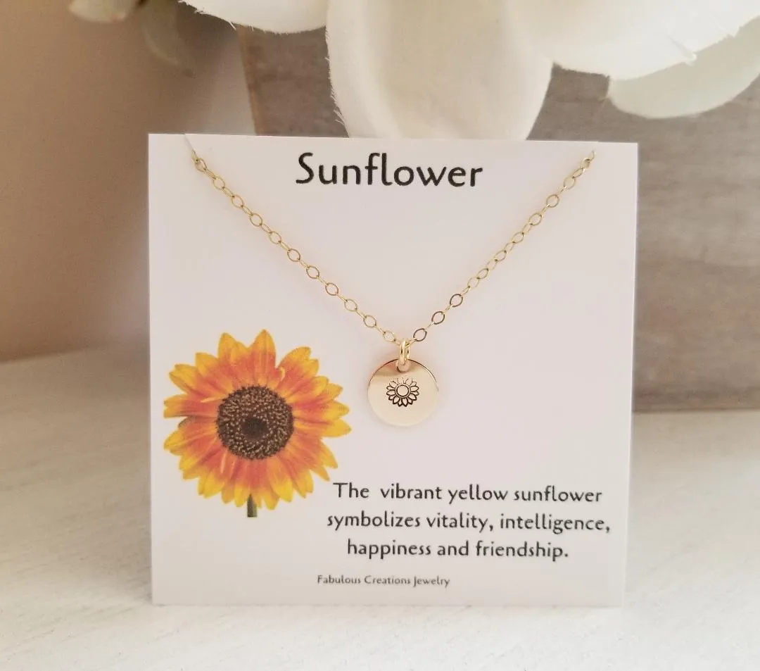 Dainty Gold Sunflower Necklace, Custom Stamped Disc Necklace