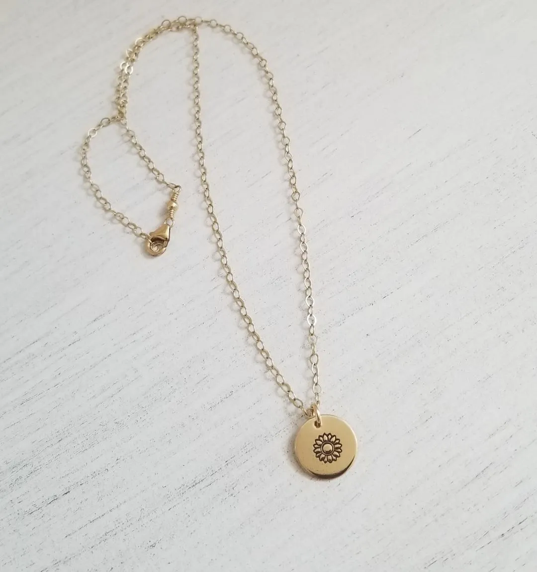 Dainty Gold Sunflower Necklace, Custom Stamped Disc Necklace