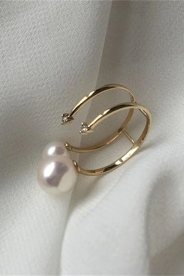 Double Pearl Ring with 18K Band and Transparent Zircon P21