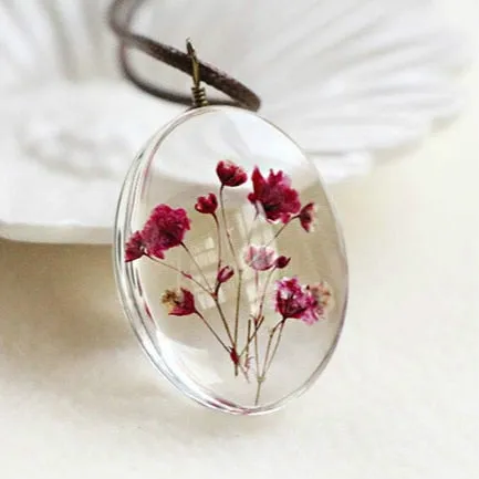 Dried Flower Necklace Gypsophila Time Dome Glass Pendant