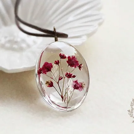 Dried Flower Necklace Gypsophila Time Dome Glass Pendant