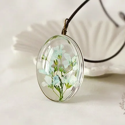 Dried Flower Necklace Gypsophila Time Dome Glass Pendant