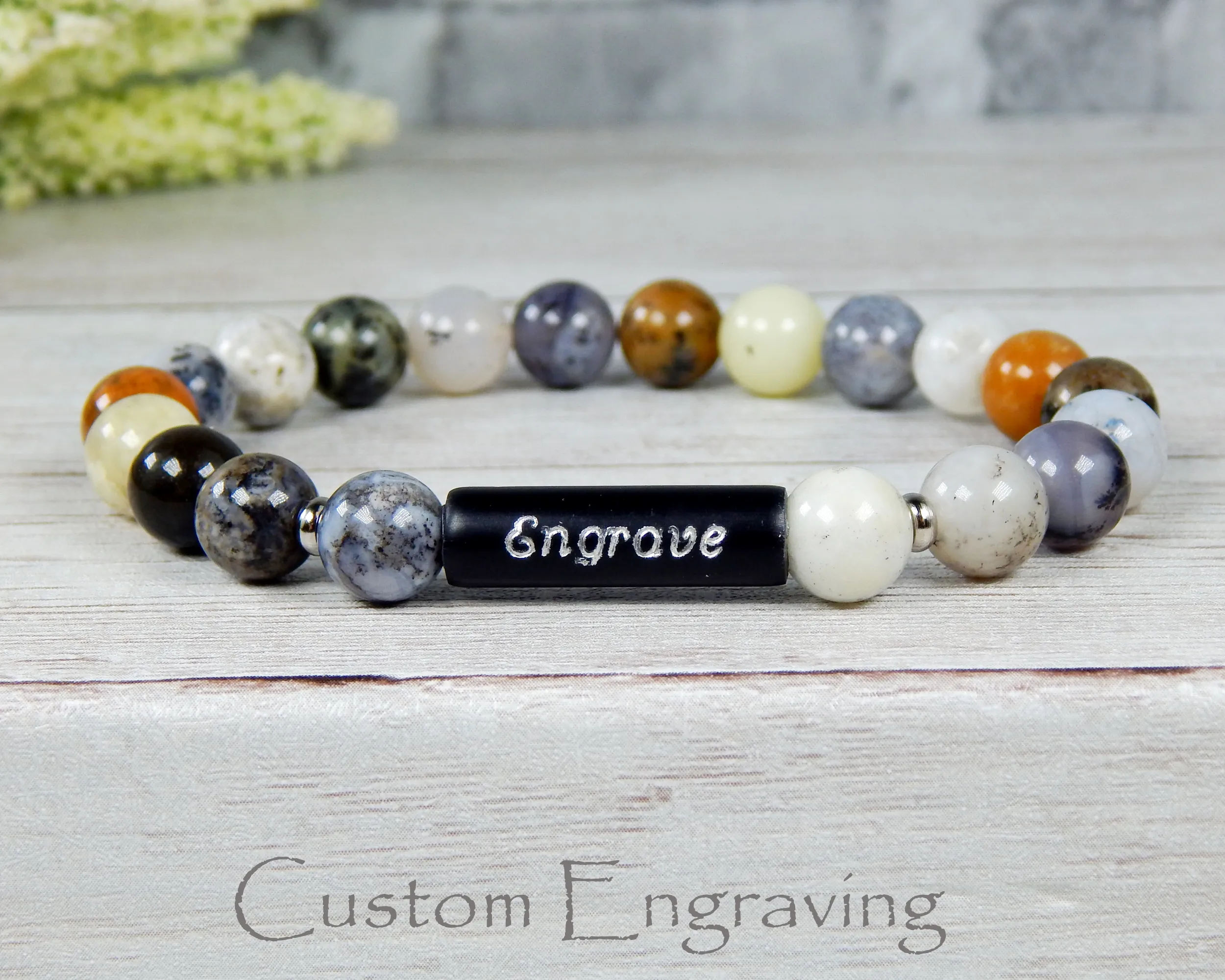 Engraved Bracelet - Agate Beaded Bracelet - Personalized Gift for Women