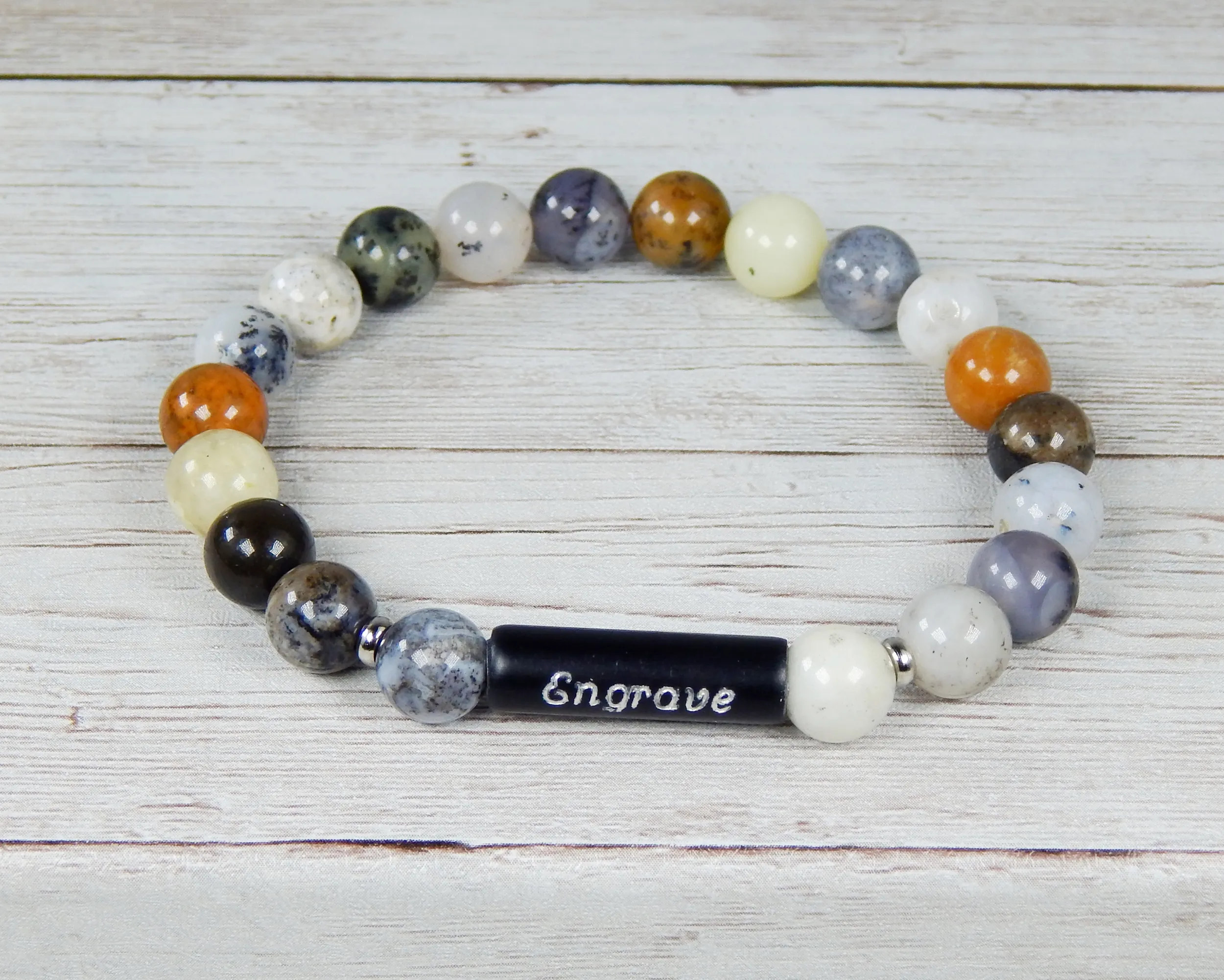 Engraved Bracelet - Agate Beaded Bracelet - Personalized Gift for Women