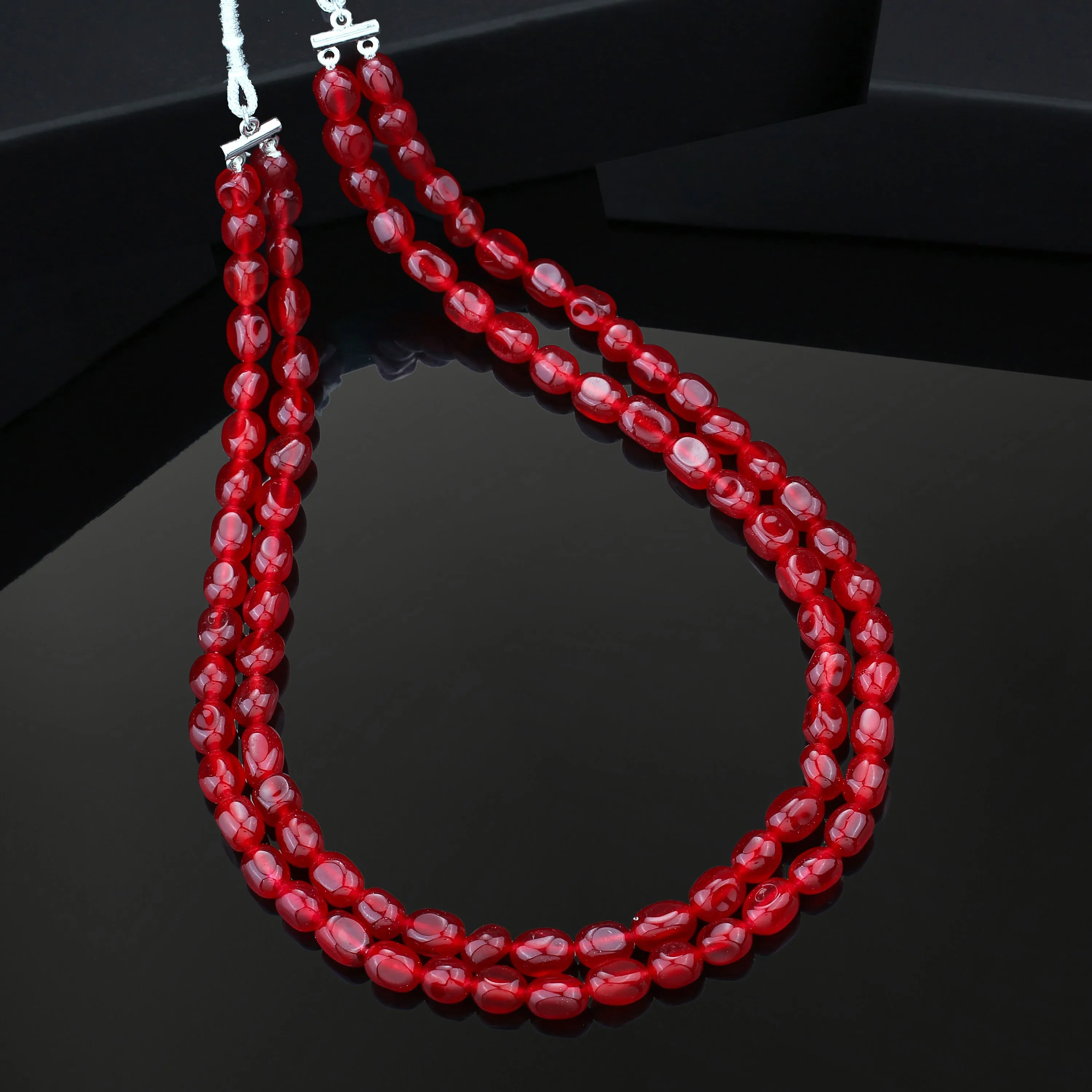 Estele Rhodium Plated Trendy Double Layered Necklace with Ruby Beads for Girls/Women