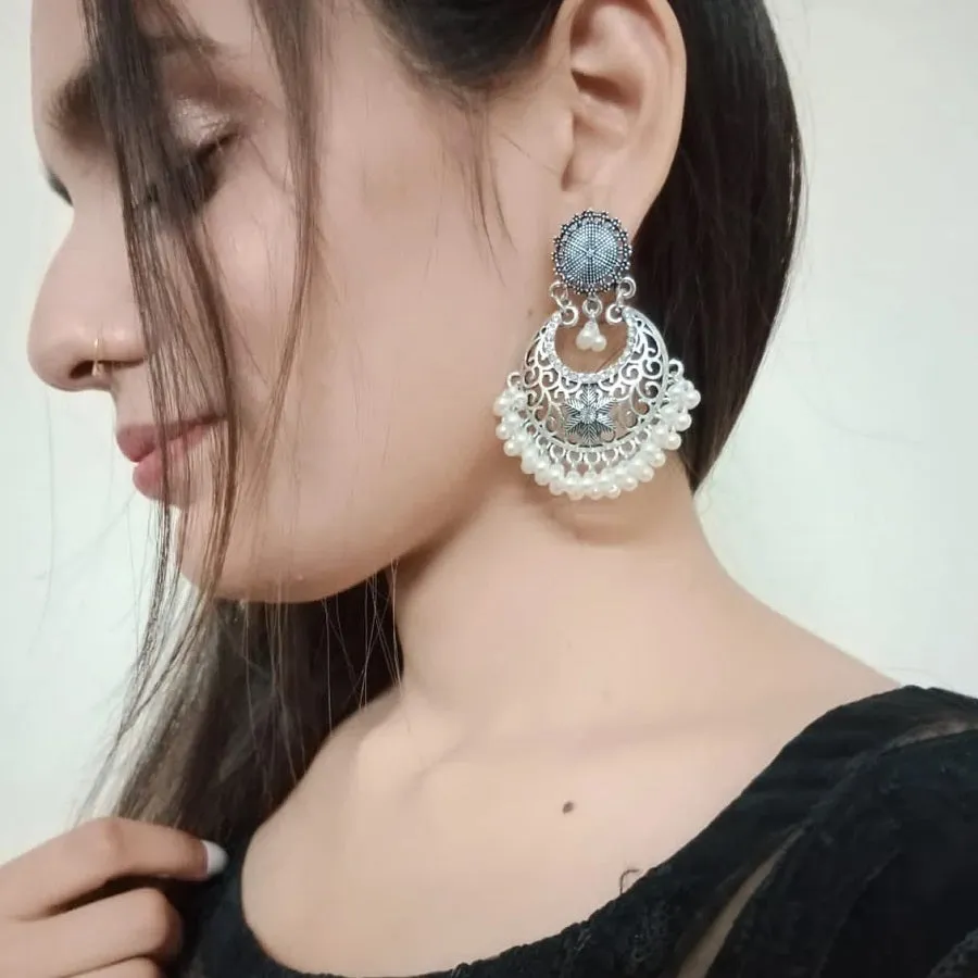 Ethnic Handmade Silver Tone Earrings With Pearls