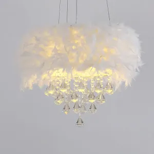 Feather Romantic Suspension Light with Crystal Deco - White Drum Dining Room Hanging Light