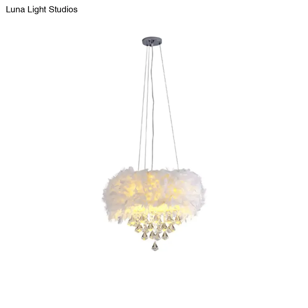 Feather Romantic Suspension Light with Crystal Deco - White Drum Dining Room Hanging Light