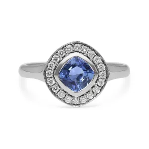 FRAME Platinum Cushion Blue Sapphire Ring with Diamond Halo