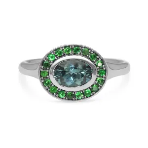 FRAME Platinum Oval Teal Sapphire Ring with Tsavorite Halo