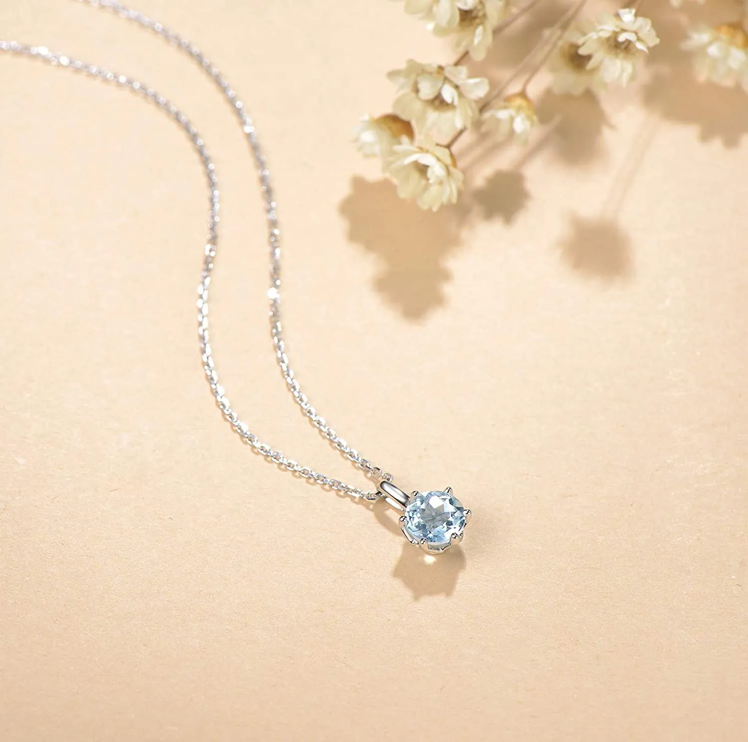 Genuine Aquamarine Solitaire 14K White Gold Necklace