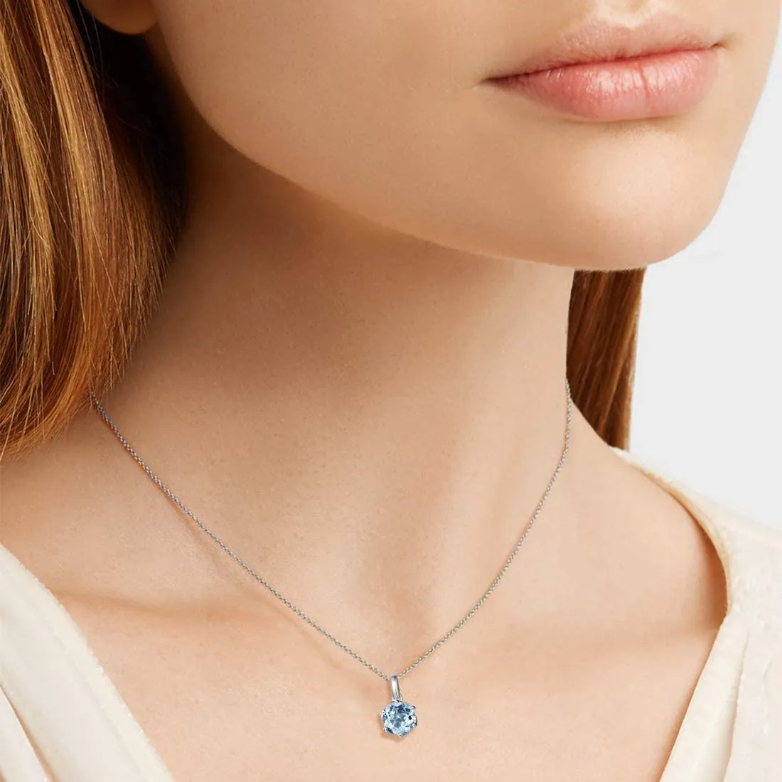 Genuine Aquamarine Solitaire 14K White Gold Necklace