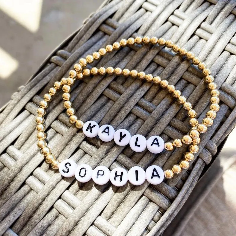 Gold Bracelet with Personalized Black Letter Beads