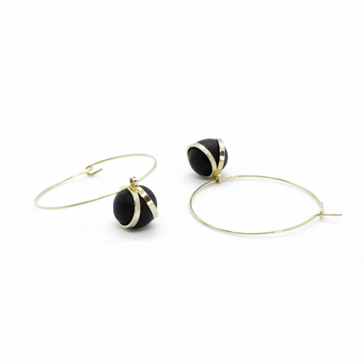 Gold Hoop Earrings - Black Ball Charm Pendant