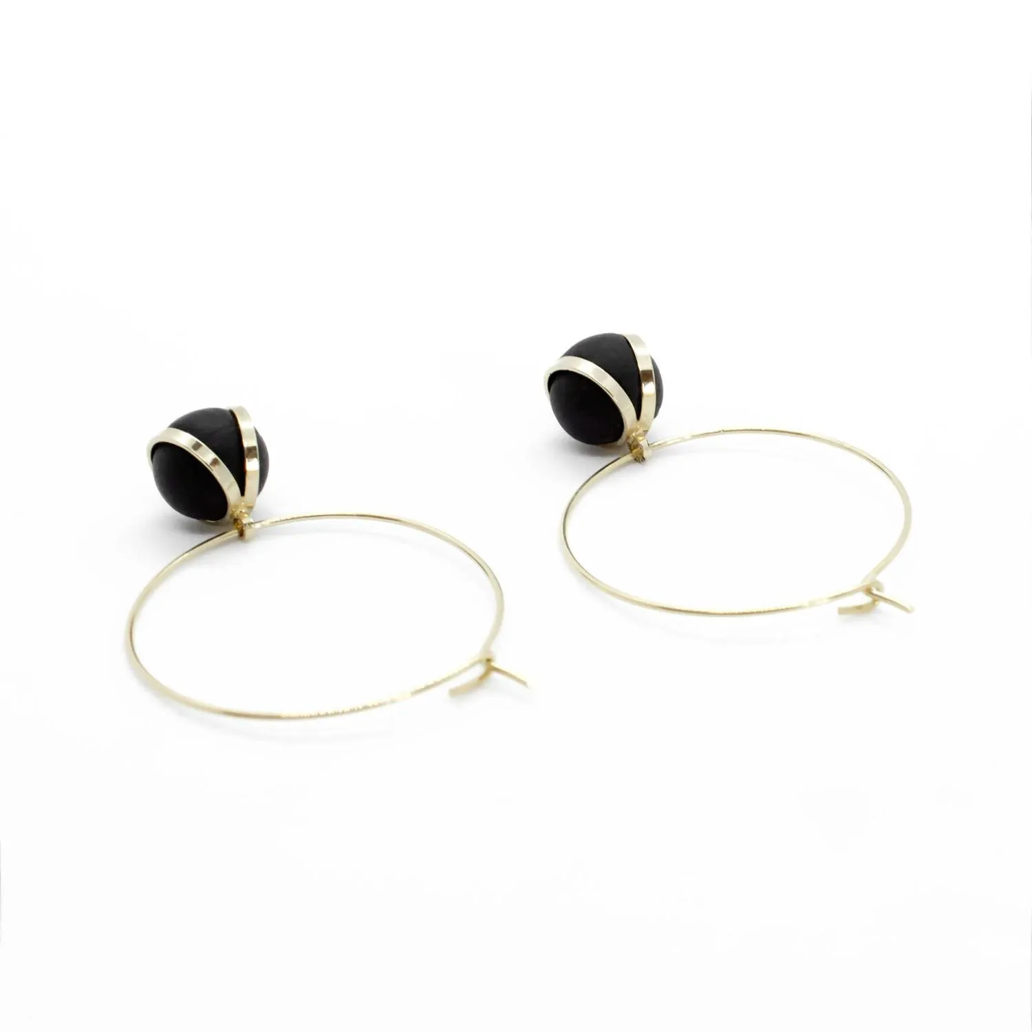 Gold Hoop Earrings - Black Ball Charm Pendant