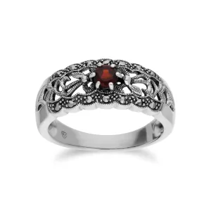 Granat Ring, Sterling Silber Granat & Markasit Simple Jugendstil Ring - Garnet