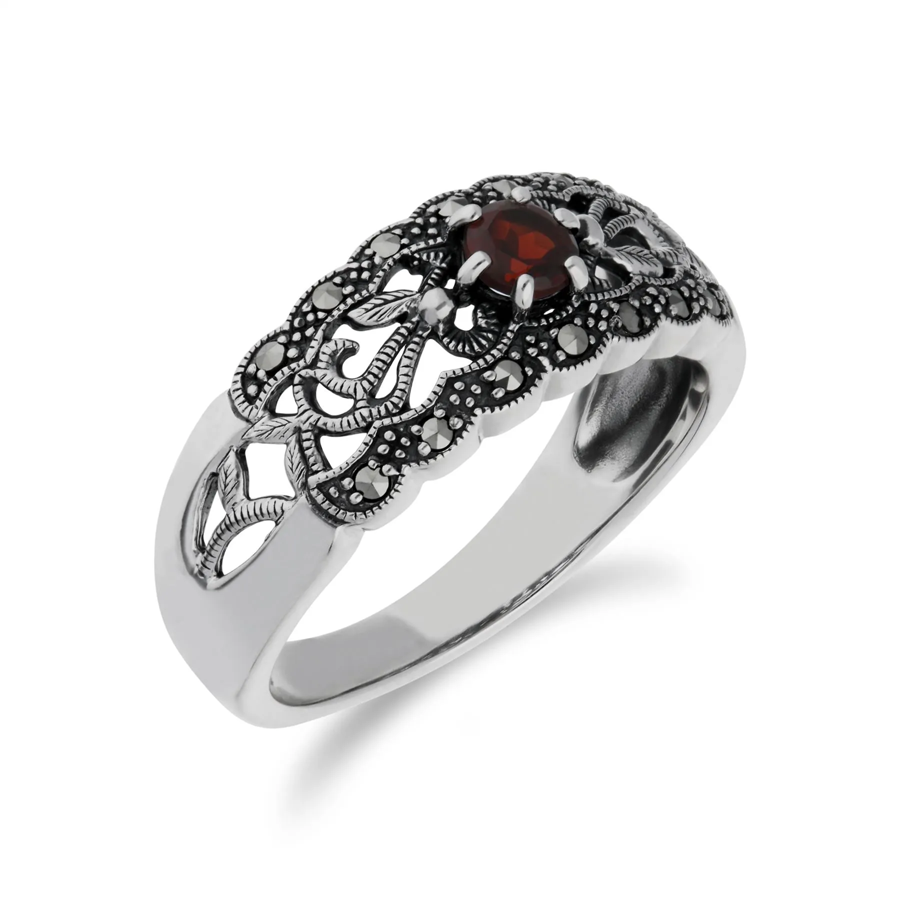 Granat Ring, Sterling Silber Granat & Markasit Simple Jugendstil Ring - Garnet