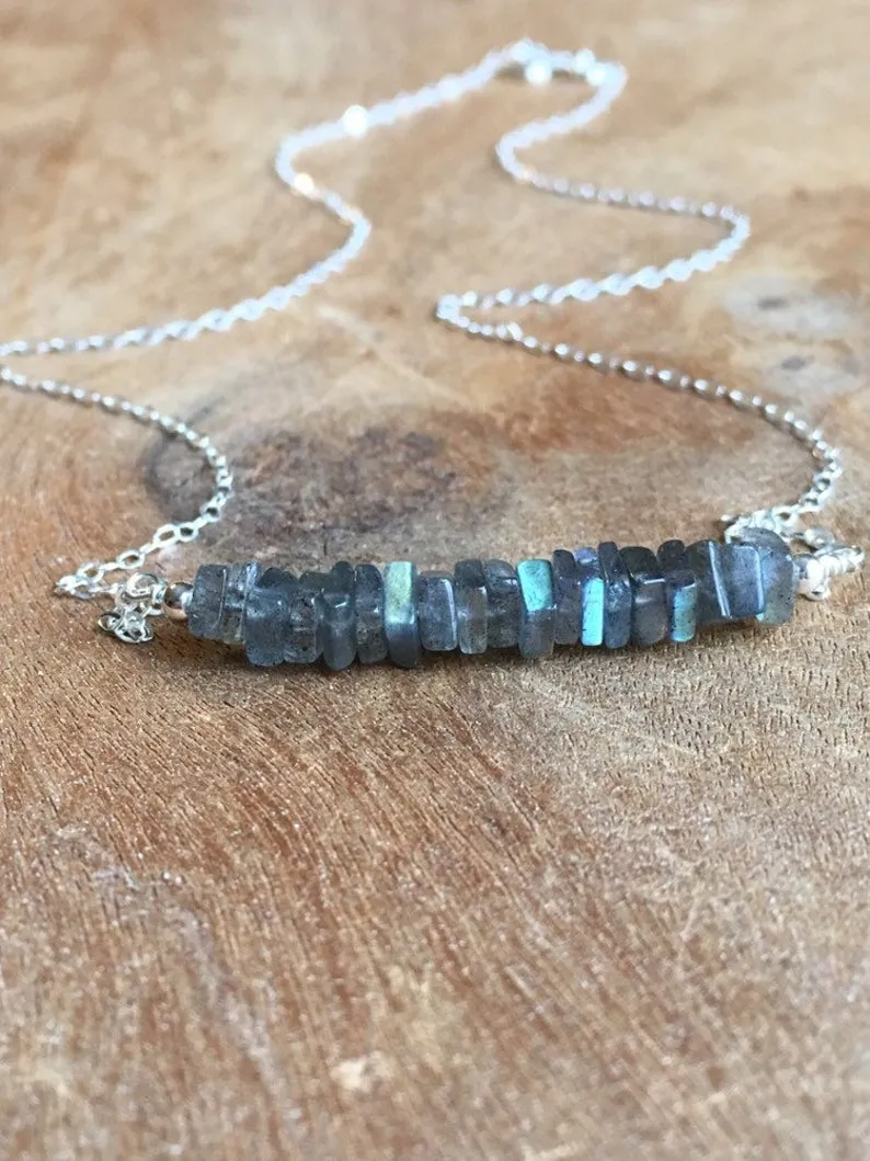 Healing Labradorite Bar Necklace Sterling Silver or Gold Fill