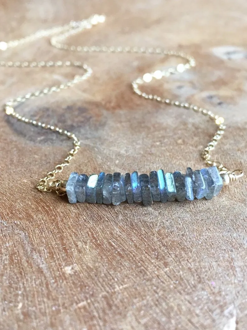 Healing Labradorite Bar Necklace Sterling Silver or Gold Fill