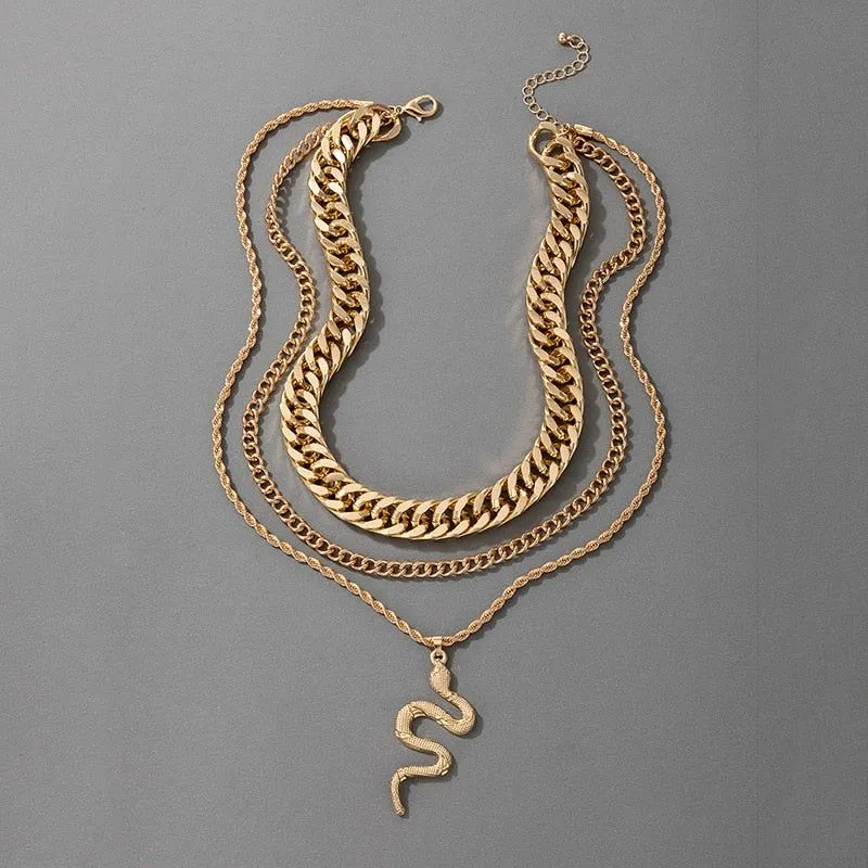 Hip Hop Gold Color Multilayer Snake Pattern Pendant Necklaces Charm Jewelry KOS0344