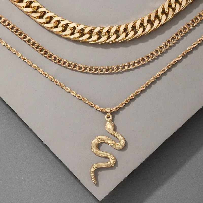 Hip Hop Gold Color Multilayer Snake Pattern Pendant Necklaces Charm Jewelry KOS0344