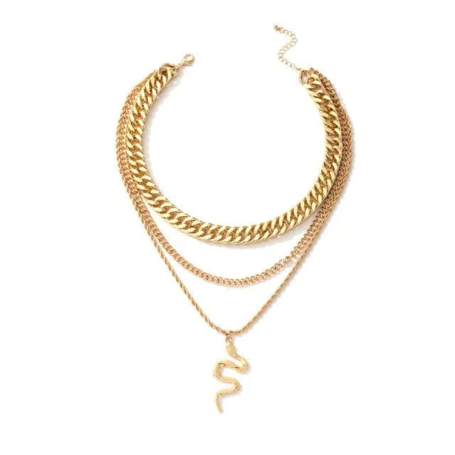 Hip Hop Gold Color Multilayer Snake Pattern Pendant Necklaces Charm Jewelry KOS0344