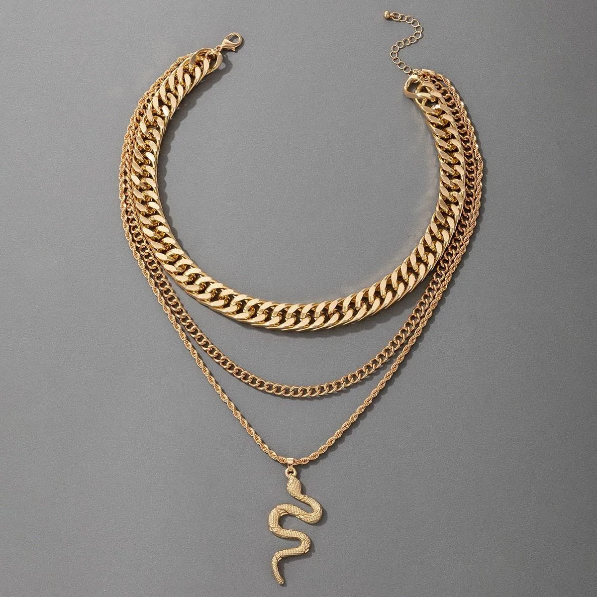 Hip Hop Gold Color Multilayer Snake Pattern Pendant Necklaces Charm Jewelry KOS0344